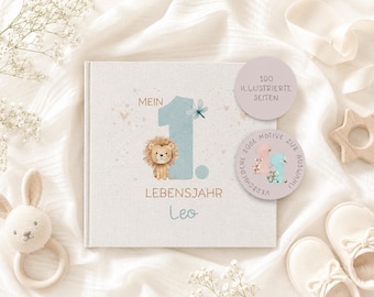 Personalized Baby Journal "My First Year" | Baby Journal | Gift | Birth | Linen Cover | Beige | Lion, Deer, Dinosaur