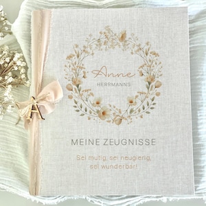 Zeugnismappe Anne, Mädchen, Zeugnisse, Ordner, Schule, personalisiert, Schleife, Buchstabe, Leinen, Beige
