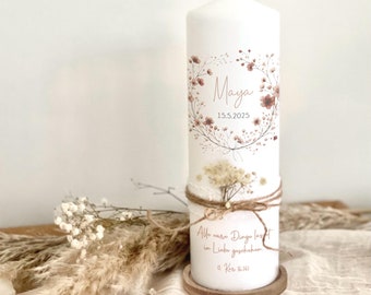 Vela de bautizo con flores secas Maya, corona de flores, moderna, alta calidad, vela, bautismo, comunión, confirmación, beige, personalizada