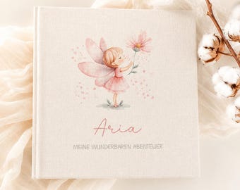 Personalized fairy photo album, child, girl, memory album, gift, birthday, birth, fairy album, fairy tale, linen, beige