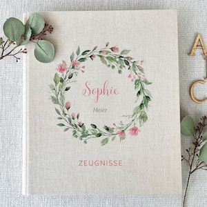 Zeugnismappe Sophie, Mädchen, Zeugnisse, Ordner, Schule, personalisiert, Leinen, Beige