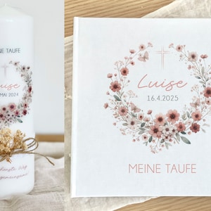 Taufkerze mit Trockenblumen Luise, Blumenkranz, modern, hochwertig, Kerze, Taufe, beige, personalisiert Kerze + Gästebuch