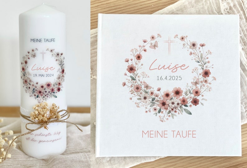 Taufkerze mit Trockenblumen Luise, Blumenkranz, modern, hochwertig, Kerze, Taufe, beige, personalisiert Bild 4