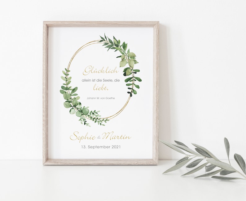 Cartel de boda, cartel de pareja, personalizado, regalo, recién casados, eucalipto, corona de hojas, vegetación imagen 1