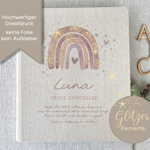 Zeugnismappe Luna, GLITZER, Zeugnisse, Ordner, Schule, personalisiert, Einschulung, Regenbogen, Leinen, Beige