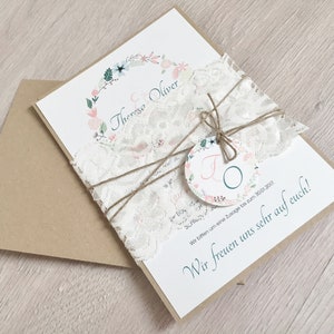 Einladung Hochzeit, Hochzeitseinladung, Vintage, Blumenkranz, Kraftpapier, Spitze - Serie 2