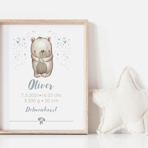 Babyposter, Geschenk, Geburtsposter, Geburtsanzeige, Kinderzimmerbild, Personalisiert, Bär, Junge
