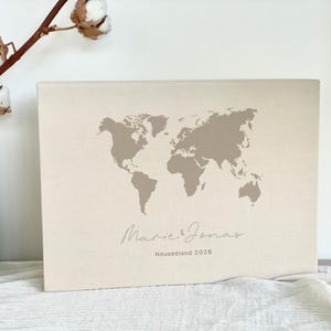 Fotobox Weltkarte, personalisierte Erinnerungskiste, Urlaubsfotos, Geschenk Paar, Familie, Geburtstagsgeschenk, Leinen, Beige