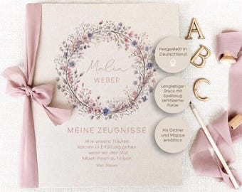 Personalisierter Zeugnisordner oder Zeugnismappe Malia, Mädchen, Zeugnisse, Urkunden, Ordner, Schule, Geschenk Einschulung, Leinen, Beige