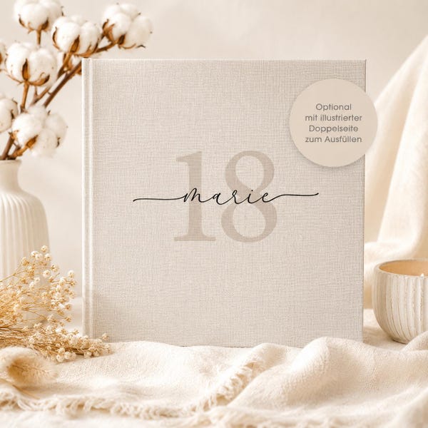 Hochwertiges Fotoalbum "Marie", personalisiert, Geburtstag, Erinnerungsalbum, 16, 18 Geburtstag, Volljährigkeit, Geschenk, Leinen, Beige