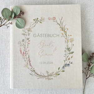 Gästebuch Hochzeit, personalisiert mit Namen, Gästebuchkarten, Ordner A4, Geschenk, Hochzeit, Beige, Wiesenkranz