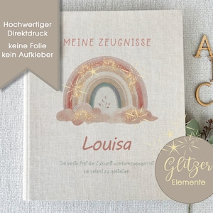Zeugnismappe Louisa, GLITZER, Zeugnisse, Ordner, Schule, personalisiert, Einschulung, Regenbogen, Leinen, Beige