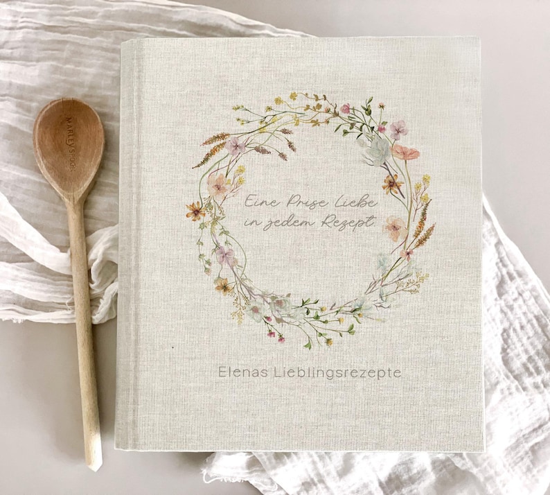 Rezeptordner personalisiert "Elena", Rezepte, Ordner A5 oder A4, Geschenk, beste Freundin, Geburtstag, Weihnachtsgeschenk, Leinen, Beige bild 1