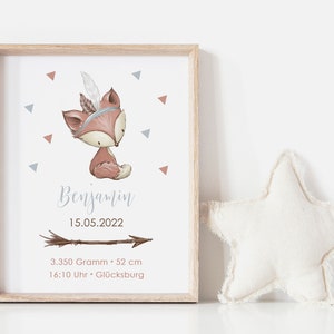 Babyposter, Geschenk, Geschenk Geburt, Junge, Geburtsposter, Geburtsanzeige, Kinderzimmerbild, Personalisiert, Boho, Fuchs
