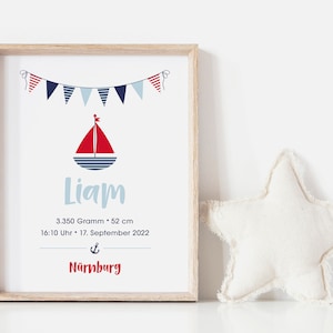 Babyposter, Geschenk, Geburtsposter, Geburtsanzeige, Kinderzimmerbild, Personalisiert, Schiff, Anker, Junge