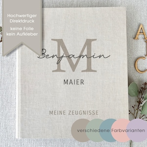 Zeugnismappe, Zeugnisse, Dokumente, Ordner, Schule, Einschulung, personalisiert, Leinen, Beige, Blau, Salbeigrün, Altrosa, Lavendel, Beige