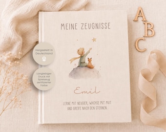 Report card folder with stars, report cards, report card folder, folder, school, back-to-school gift, boy, girl, personalized, linen, beige