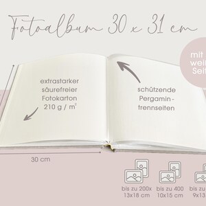 May include: A white photo album with 100 pages, measuring 30 x 31 inches. The album features extra-thick, acid-free photo paper with a weight of 210 grams per square meter. It also includes protective parchment dividers.