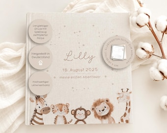 Personalized linen baby album in beige – photo album & baby diary with safari animals, lion – gift for newborns