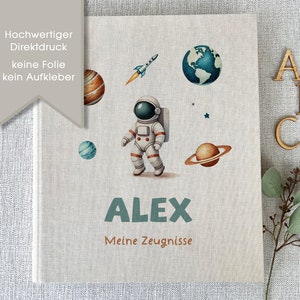 Zeugnismappe Alex, Zeugnisse, Ordner, Schule, personalisiert, Astronaut, Weltall, Planeten, Leinen, Beige