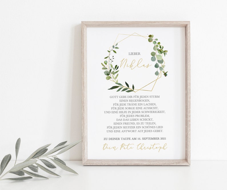 Godparent letter, poster, baptism, gift, godparent gift, personalized, boy, girl, wreath of leaves, greenery, DIN A4 image 1
