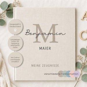 Zeugnisordner, Zeugnisse, Dokumente, Ordner, Schule, Einschulung, personalisiert, Leinen, Beige, Blau, Salbeigrün, Altrosa, Lavendel, Beige