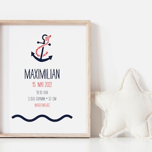 Babyposter, Geschenk, Geburtsposter, Geburtsanzeige, Kinderzimmerbild, Personalisiert, Anker, Maritim, Junge, Mädchen