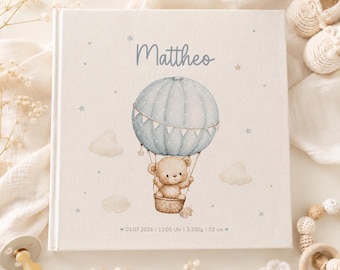 Personalized baby photo album with hot air balloon and bears – linen in beige – optionally with inside pages to fill in as a baby diary