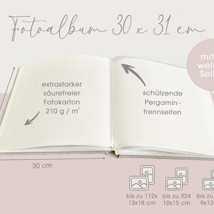 May include: A white photo album with a textured cover, measuring 30 x 31 inches. The album has 60 white pages and features acid-free photo paper with a weight of 210 grams per square meter. The album also includes protective parchment dividers.
