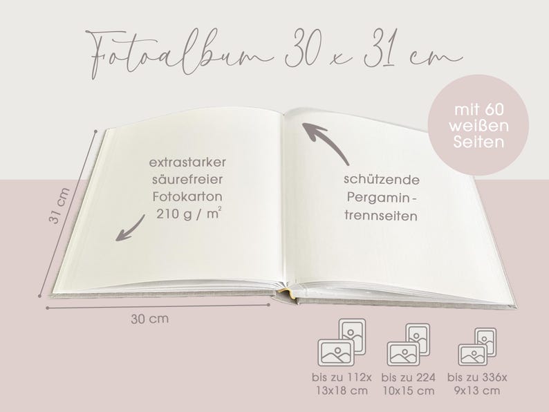 May include: A white photo album with a textured cover, measuring 30 x 31 inches. The album has 60 white pages and features acid-free photo paper with a weight of 210 grams per square meter. The album also includes protective parchment dividers.
