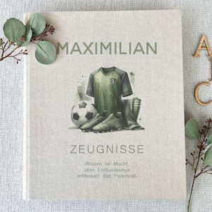 Hochwertige Zeugnismappe Maximilian, Fussball, Zeugnisse, Ordner, Schule, personalisiert, Leinen