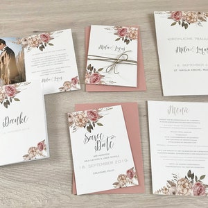 Hochzeitseinladung, Einladung Hochzeit, A6 Format, 6 Seiten, Ablauf, Foto, Altrosa, ab 25 Einladungen - Serie 23a