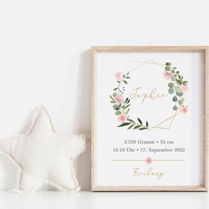 Babyposter, Geschenk, Geburtsposter, Geburtsanzeige, Personalisiert, Eukalyptus, Blumenkranz, Mädchen, Baby
