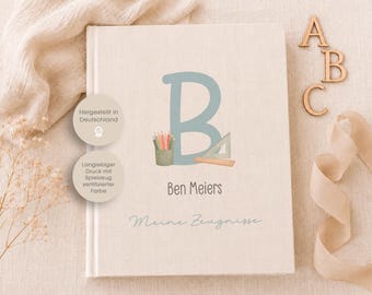 School report card folder with letter, school, report cards, report card folder, folder, back-to-school gift, boy, girl, personalized, linen, beige