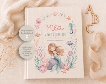 Mila Mermaid report card folder, report cards, folder, school, personalized, linen, beige