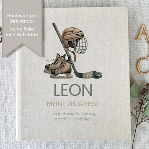 Hochwertige Zeugnismappe Leon, Hockey, Zeugnisse, Ordner, Schule, personalisiert, Leinen