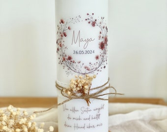 Baptismal candle with dried flowers Maya, flower wreath, modern, high quality, candle, baptism, communion, confirmation, beige, personalized