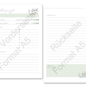 May include: Two A5 recipe planner pages with a light green and white color scheme. The left page features sections for ingredients and preparation, while the right page provides lined space for notes. Both pages include olive branch illustrations.