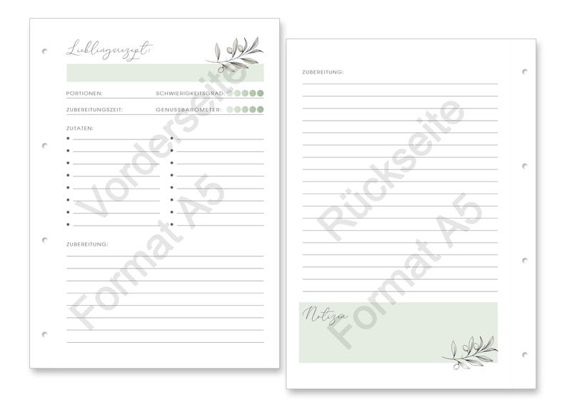 May include: Two A5 recipe planner pages with a light green and white color scheme. The left page features sections for ingredients and preparation, while the right page provides lined space for notes. Both pages include olive branch illustrations.