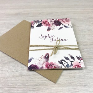 Einladung Hochzeit, Hochzeitseinladung,  Kraftpapier, Pocket, Blumen, Boho, Rosa, Bordeaux, Klappkarte, A6- Serie 36