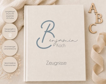 Personalized certificate folder with linen cover – gift for starting school, for storing certificates, diplomas and documents
