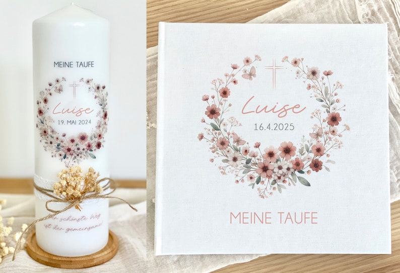 Taufkerze mit Trockenblumen Luise, Blumenkranz, modern, hochwertig, Kerze, Taufe, beige, personalisiert Bild 5