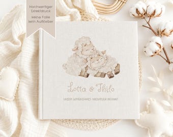 Personalized twin photo album, baby memory album, sheep, little sheep, gift, birth, linen, beige