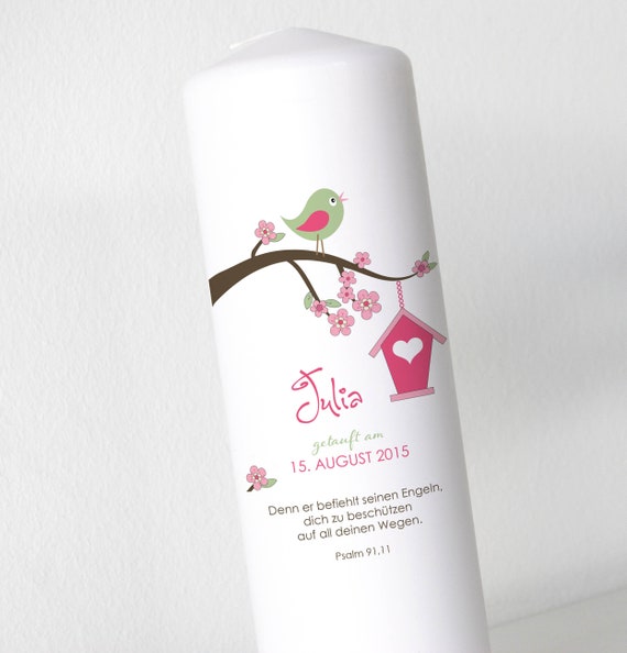 Taufkerze Lebensbaum grün mit rosa Vögelchen Natur Taufkerzen für Mädchen