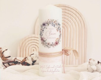 Christening candle wreath "Claire" with natural ribbon and lace | personalized candle for christening | modern & high-quality incl. gift box