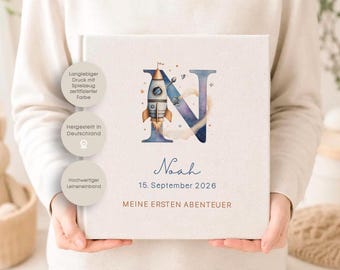 Personalized photo album, space, stars, baby, child, birth, memory album, gift, birthday, beige, linen