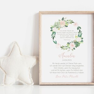 Patenbrief, Poster, Taufe, Geschenk, Patengeschenk, Personalisiert, Mädchen, Blumenkranz, DIN A4