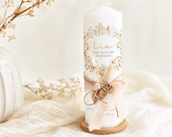 High-quality christening candle Lia, personalized, floral wreath, modern, candle, christening, ribbon, wooden pendant, christening gift
