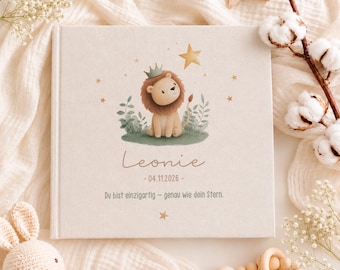 Personalized baby photo album "Lion" – linen in beige – optionally with inside pages to fill in as a baby diary