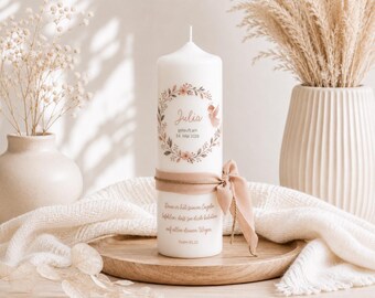 Personalized christening candle "Julia" with nude ribbon – christening candle with angel, flower wreath and christening verse